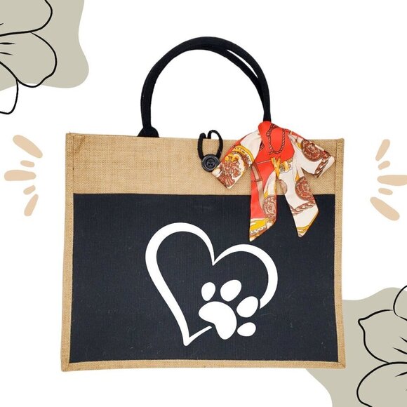 Custom Canvas Tote Bag, Large Size - Paw Print Heart, Black or Cream Tote - Picture 7 of 16